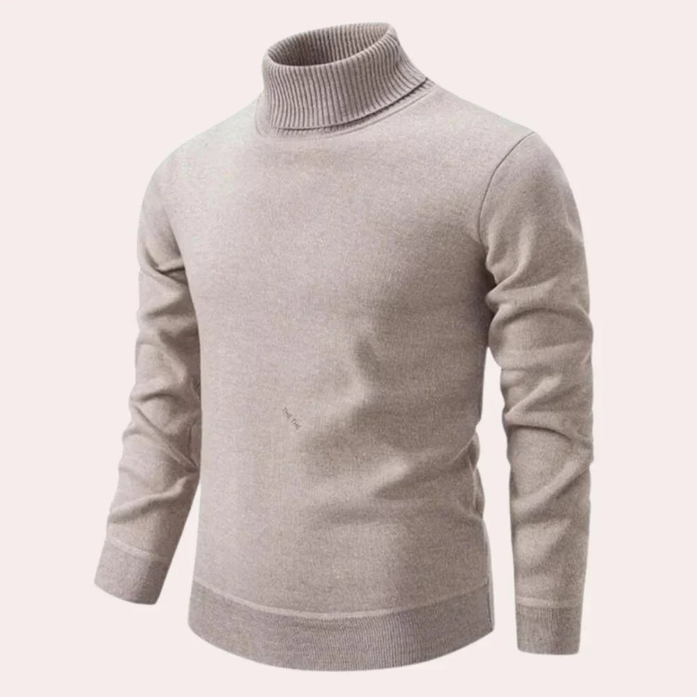 Men's casual warm knit sweater in neutral tone, soft insulating fabric, relaxed fit for cold weather