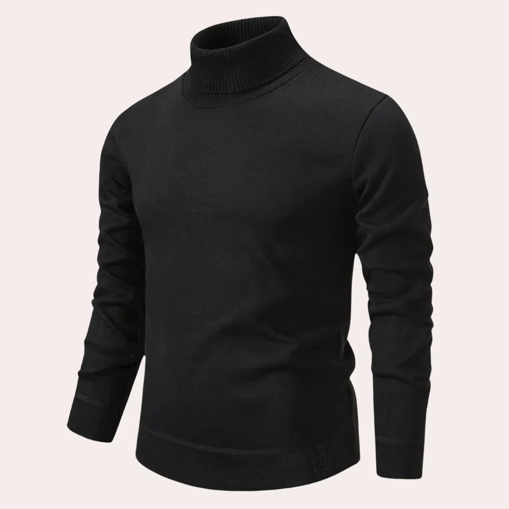 Men's casual warm knit sweater in neutral tone, soft insulating fabric, cozy slim fit for cold weather