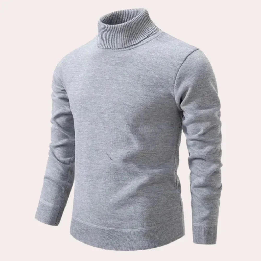 Men's casual warm knit sweater in neutral tone, soft insulating fabric, cozy slim fit for cold weather