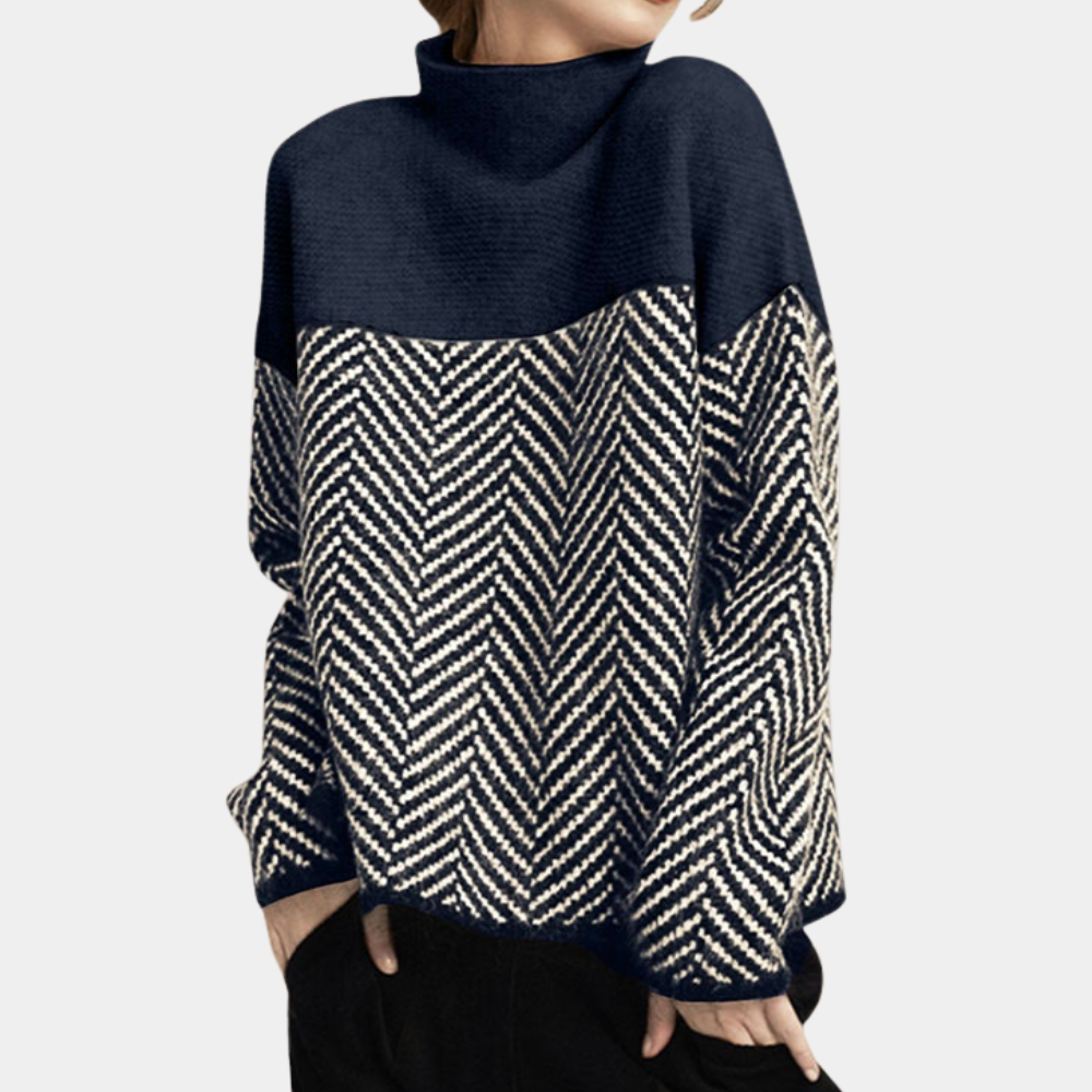 Women's oversized high turtleneck wool blend knit sweater in herringbone pattern for fall winter