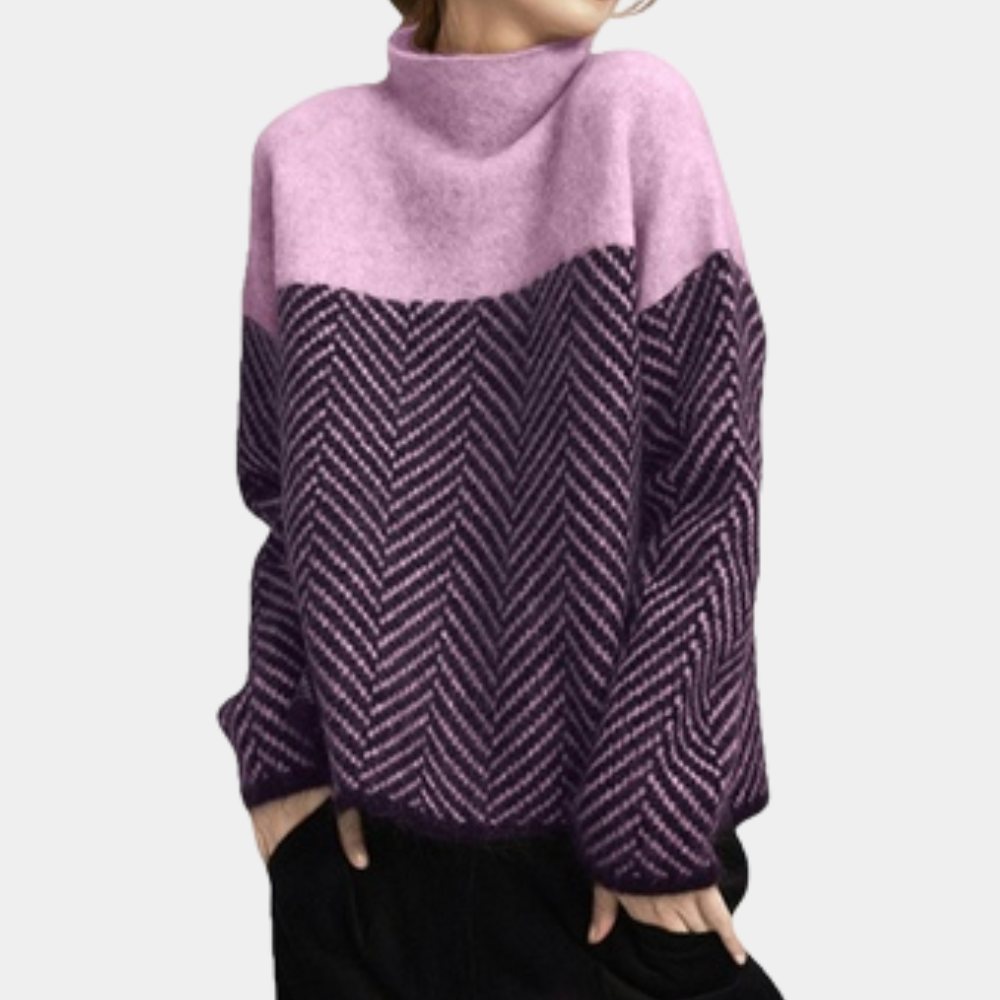 Women's oversized high turtleneck wool blend knit sweater with herringbone pattern, Nordic style