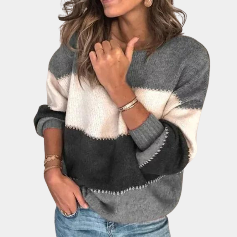Women's relaxed fit round neck knit sweater in cozy acrylic-wool blend with long sleeves