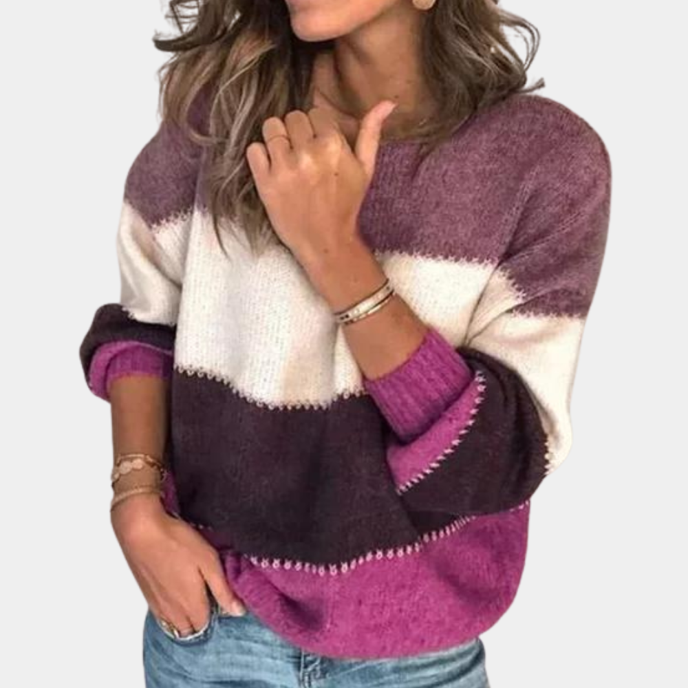 Women's relaxed fit round neck knit sweater in cozy acrylic-wool blend with long sleeves