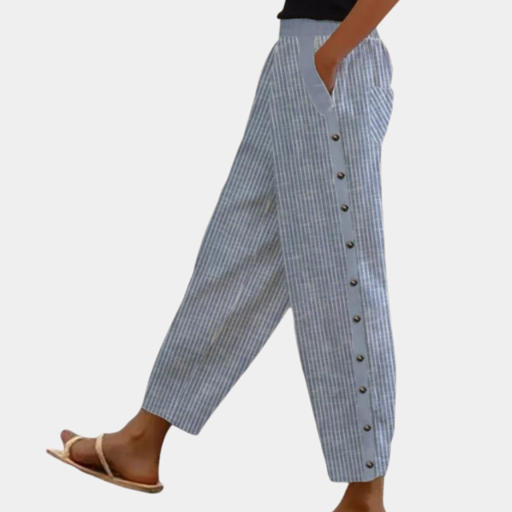 Women's striped relaxed fit pants lightweight fabric with button details for everyday casual comfort