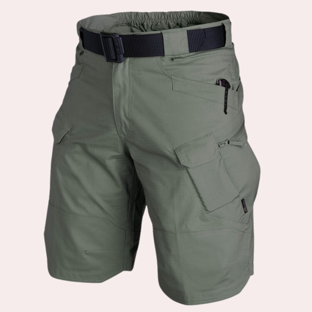 Men's khaki cargo shorts relaxed fit with multiple utility pockets for summer outdoor adventures