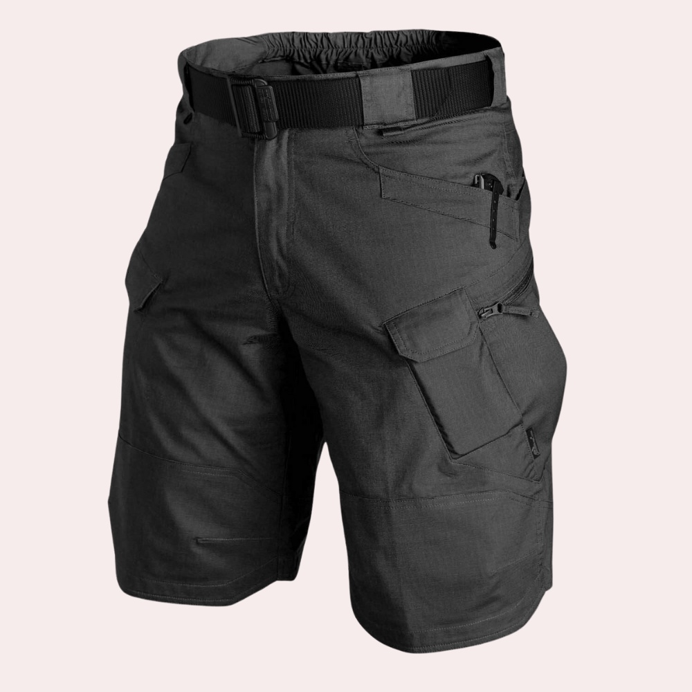 Men's khaki cargo shorts relaxed fit with multiple utility pockets for summer outdoor adventures