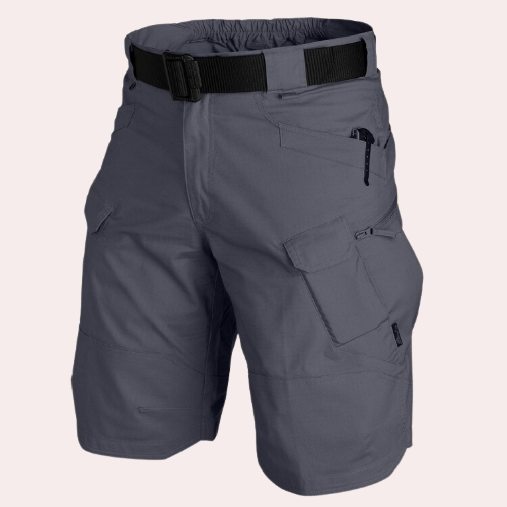 Men's khaki cargo shorts relaxed fit with multiple utility pockets for summer outdoor adventures