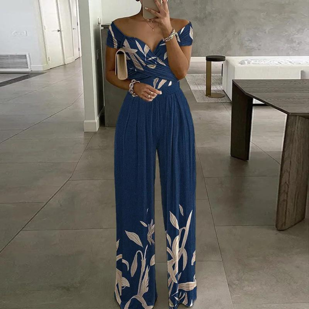 Vera | Women's Floral Wide Leg Jumpsuit Off Shoulder Wrap Bodice
