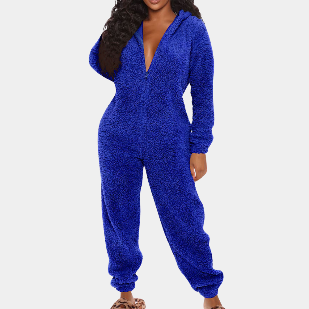 Women's soft fleece hooded jumpsuit relaxed fit lounge wear cozy full-body warmth fall winter