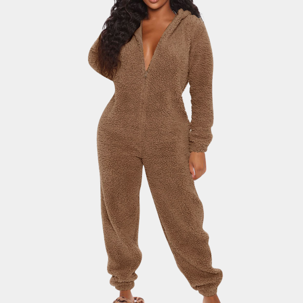 Women's soft fleece hooded jumpsuit relaxed fit lounge wear cozy full-body warmth