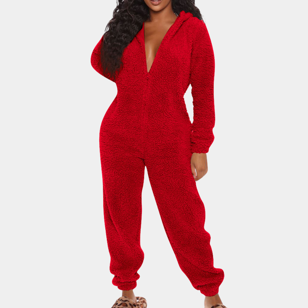 Women's soft fleece hooded jumpsuit relaxed fit cozy loungewear full-body warmth for fall winter