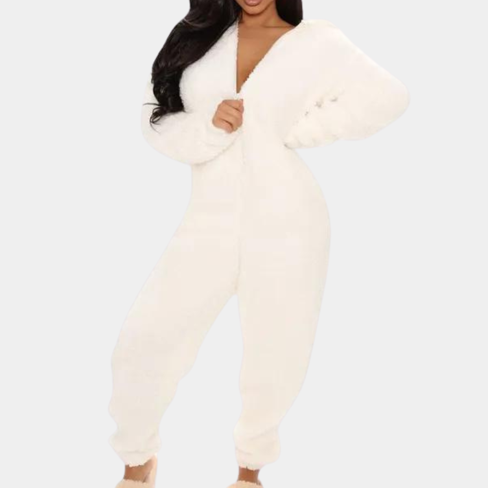 Women's soft fleece hooded jumpsuit relaxed fit lounge wear cozy full-body warmth fall winter