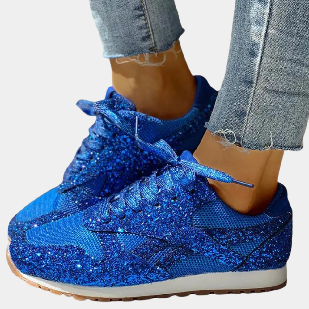 Women's silver glitter sneakers with breathable mesh upper and cushioned sole for all-day comfort