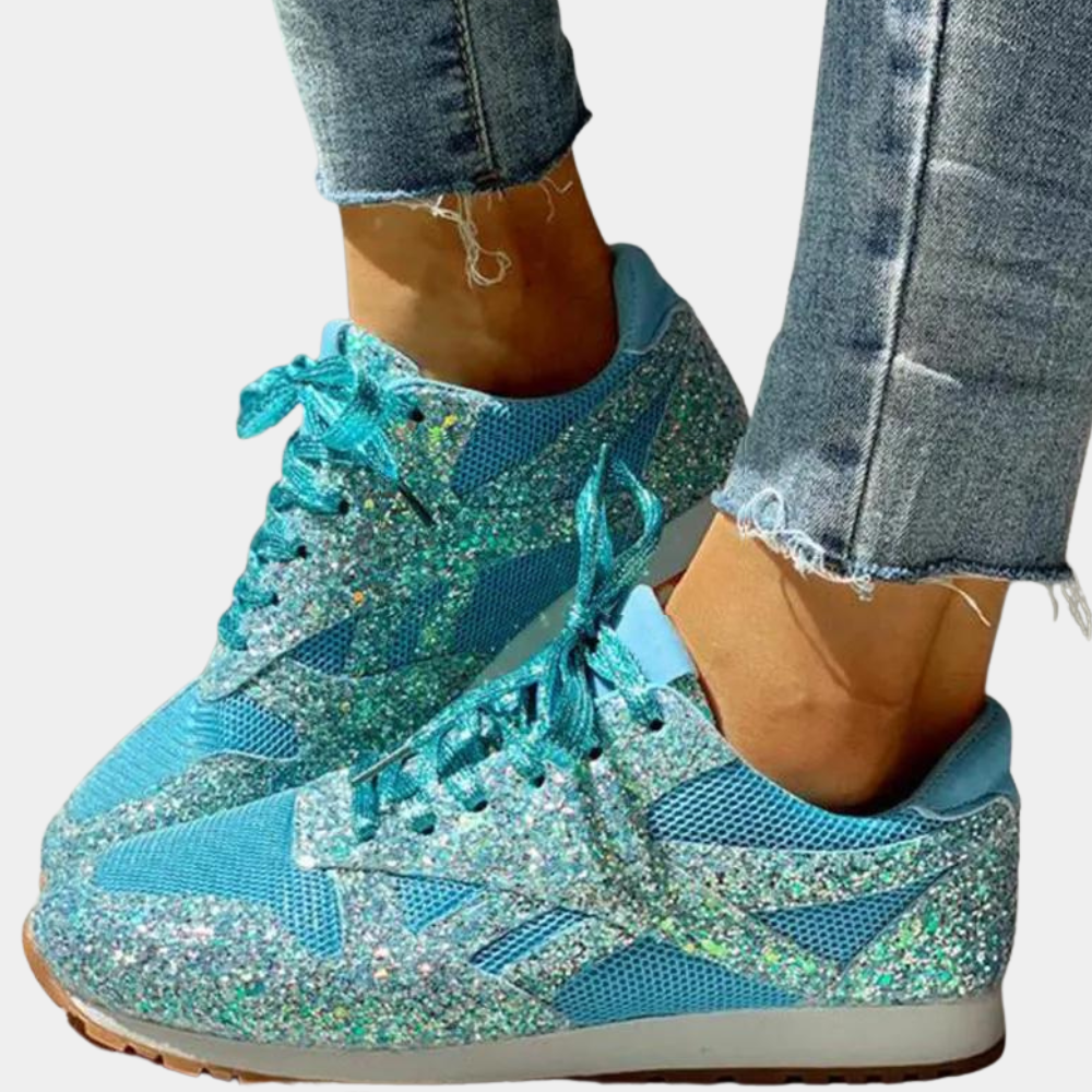 Women's glitter sneakers breathable mesh cushioned sole sparkle casual comfort all-day wear