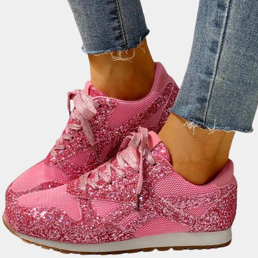 Women's glitter sneakers breathable mesh cushioned sole sparkly finish casual everyday comfort
