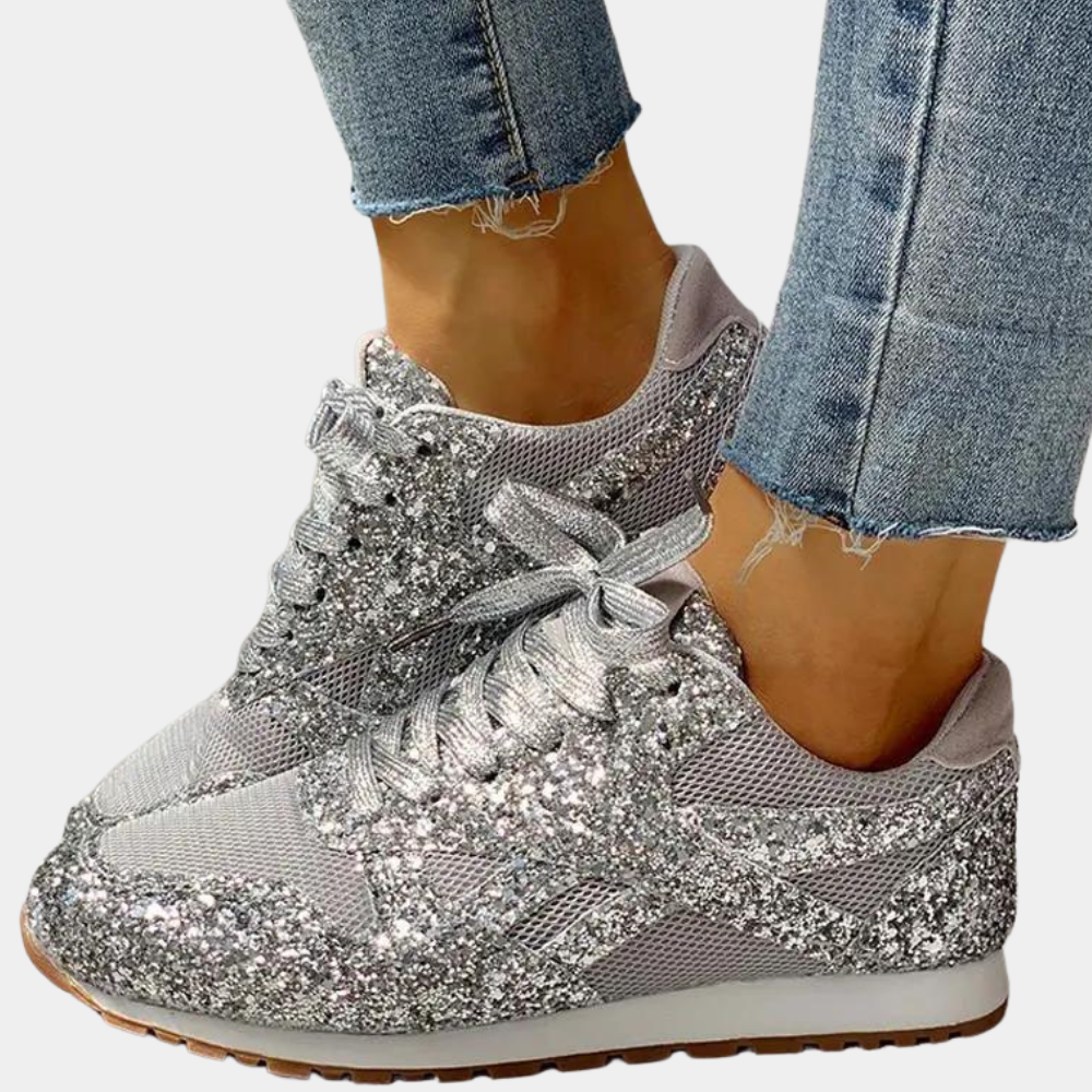 Women's glitter sneakers breathable mesh cushioned sole sparkling finish casual everyday comfort