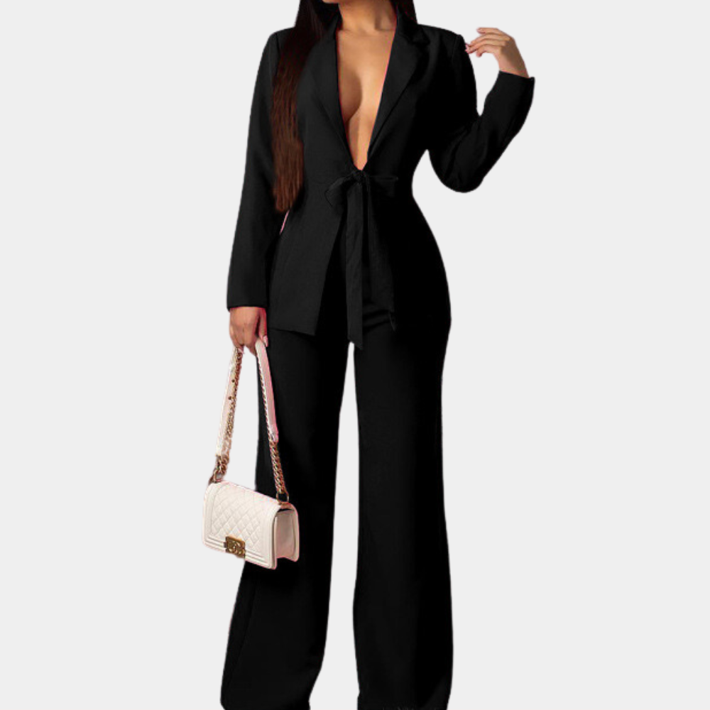 Women's ivory tailored blazer set with bow closure detail and straight-cut pants for professionals