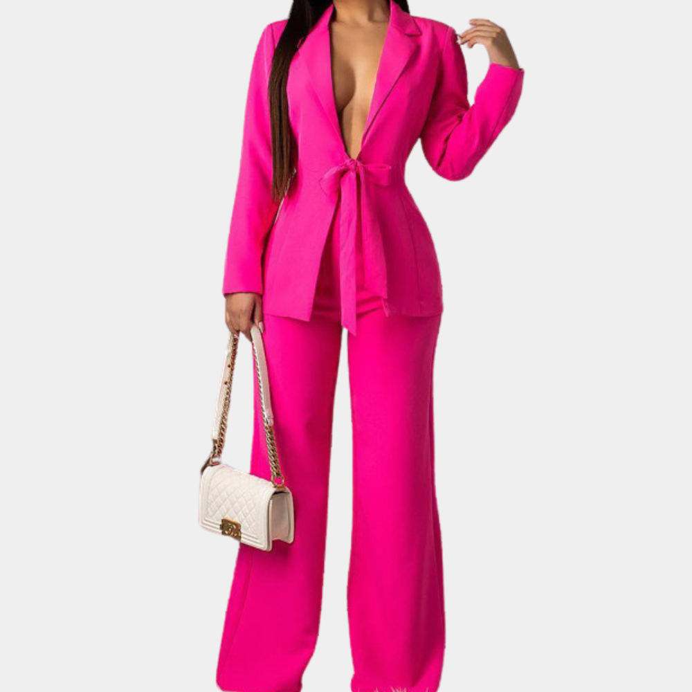 Women's ivory tailored blazer set with bow closure detail and straight-cut pants for professionals