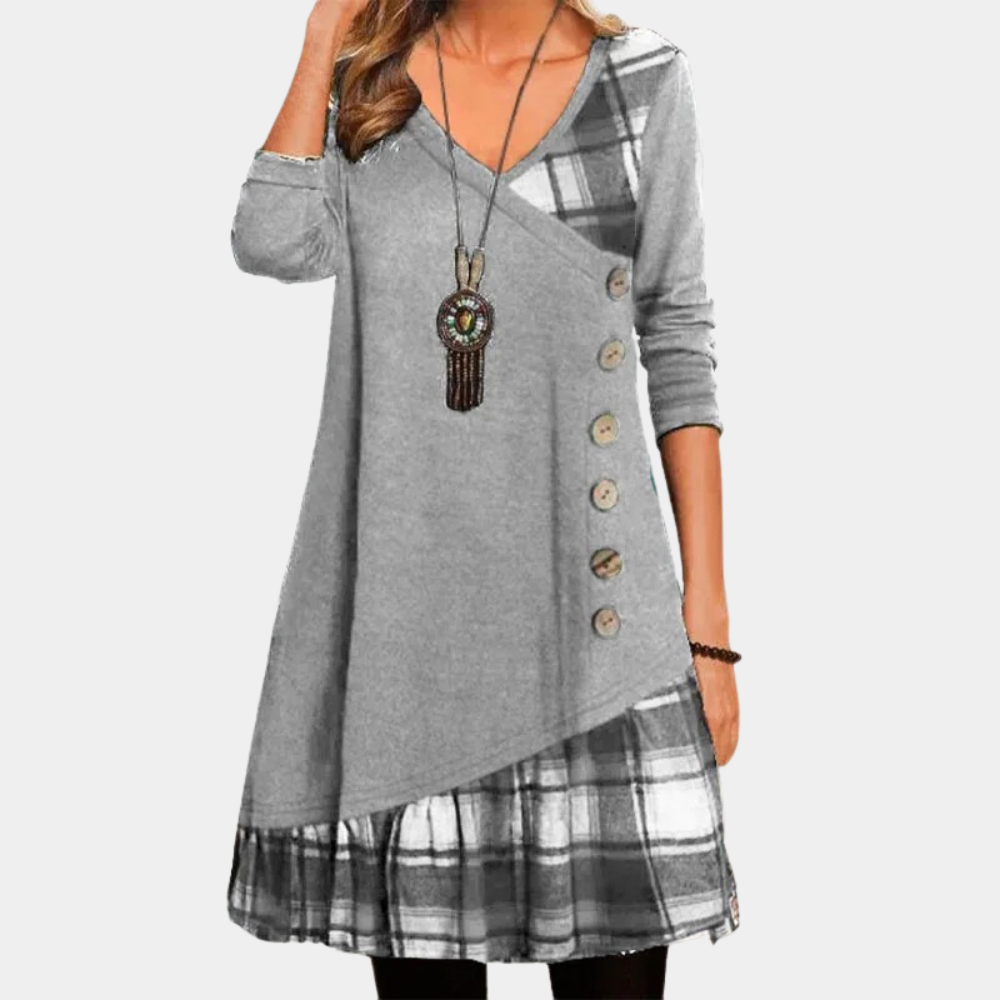 Women's asymmetric tunic dress V-neck long sleeve loose fit with diagonal button front seam