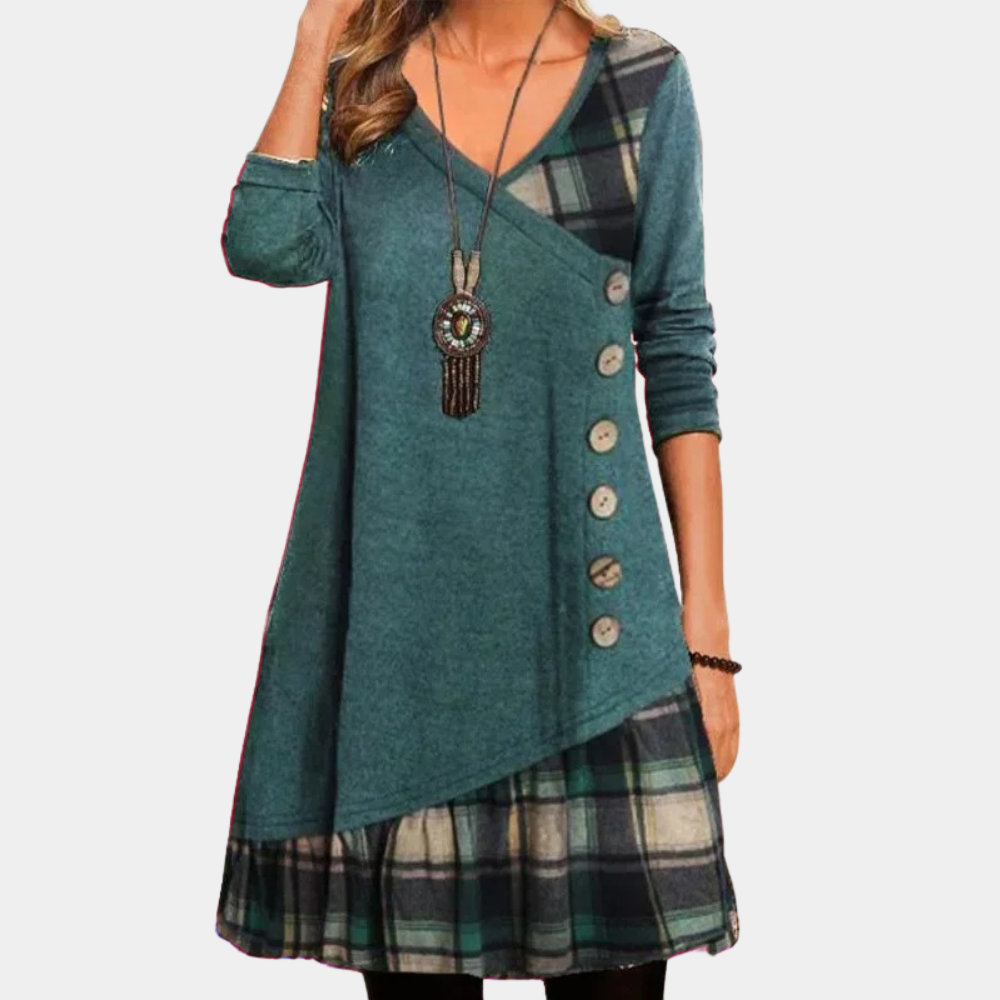 Women's asymmetric tunic dress V-neck long sleeve loose fit with diagonal button front detail