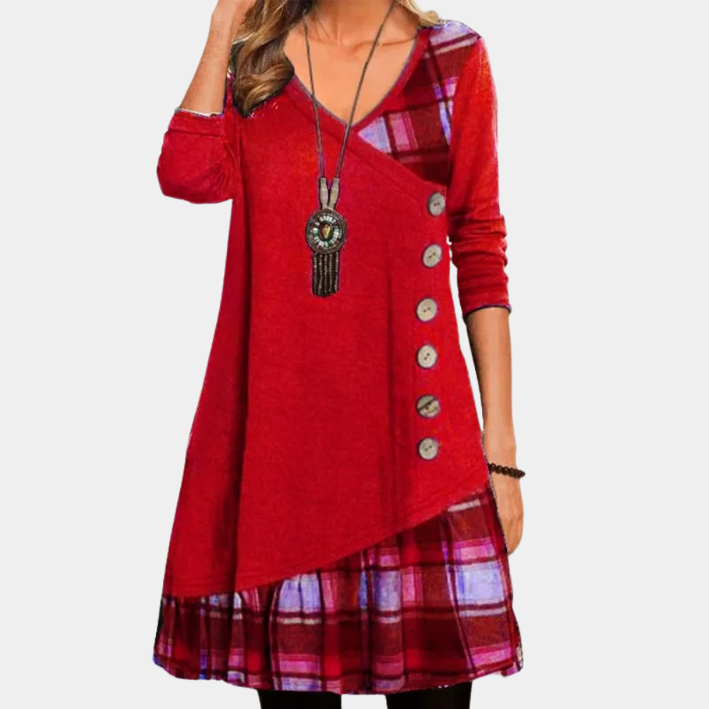 Women's asymmetric tunic dress V-neck long sleeve loose fit with diagonal button-front seam