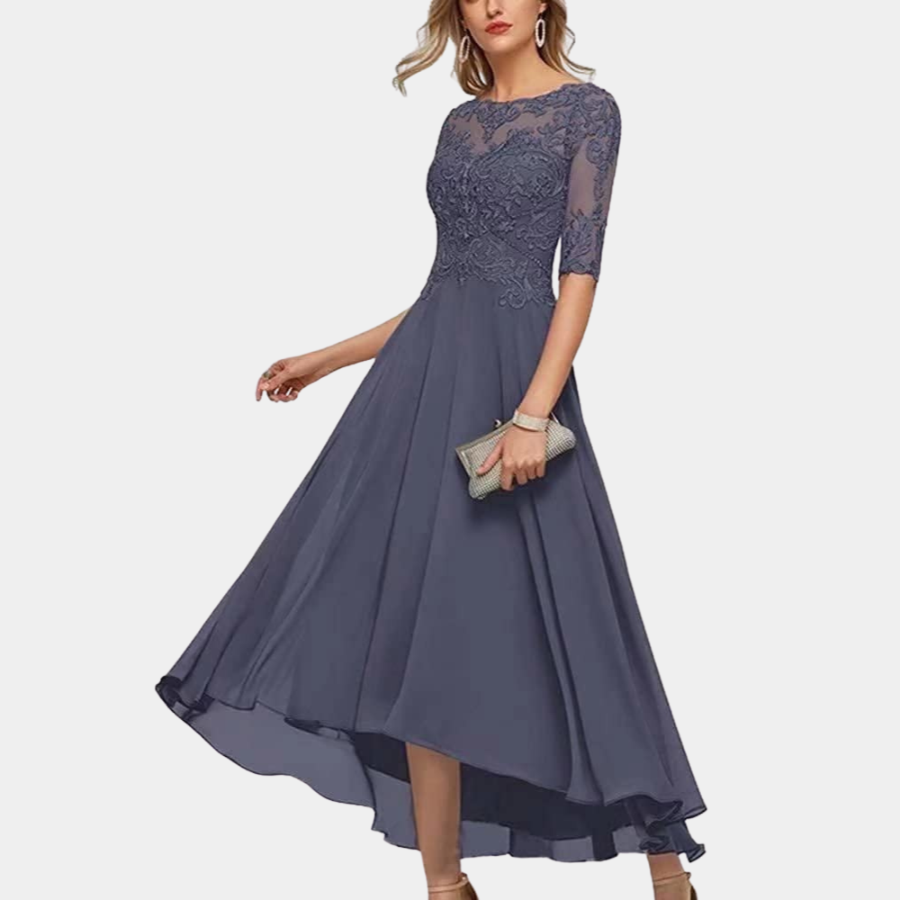 Women's elegant A-line floor-length party dress with lace bodice, bateau neckline, three-quarter sleeves