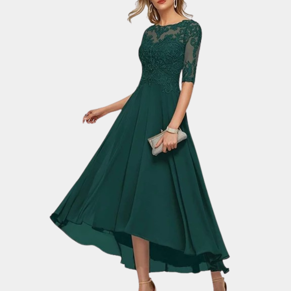 Elegant women's floor-length A-line party dress with lace bodice, bateau neckline, three-quarter sleeves