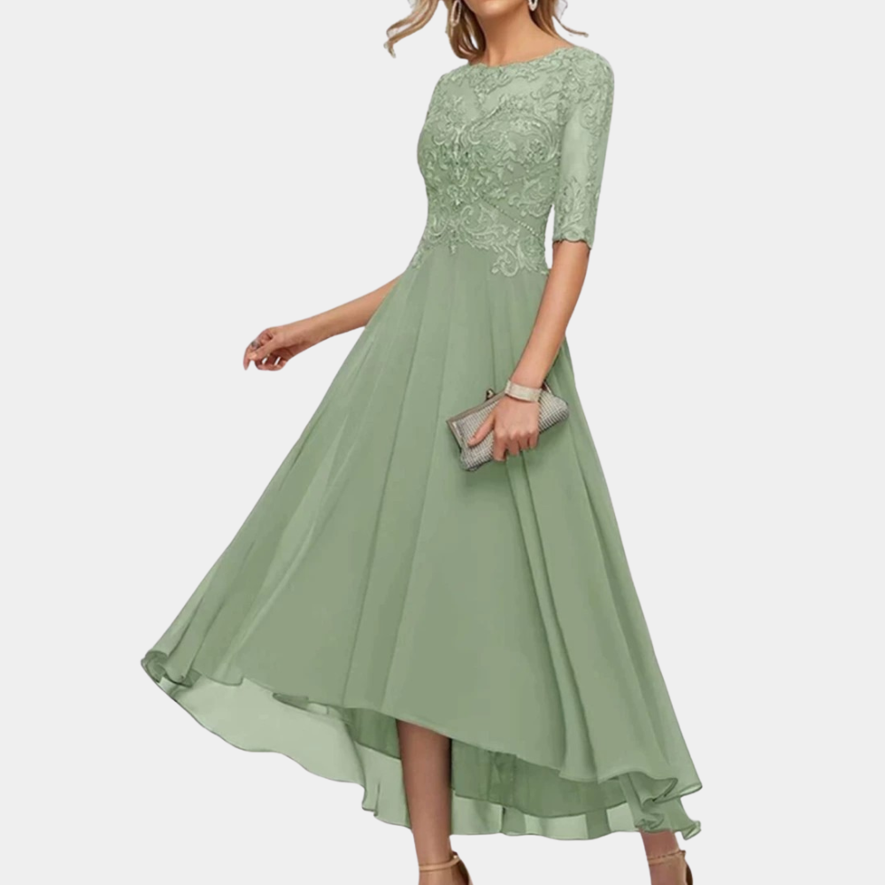 Elegant women's floor-length A-line party dress with lace bodice, bateau neckline, three-quarter sleeves