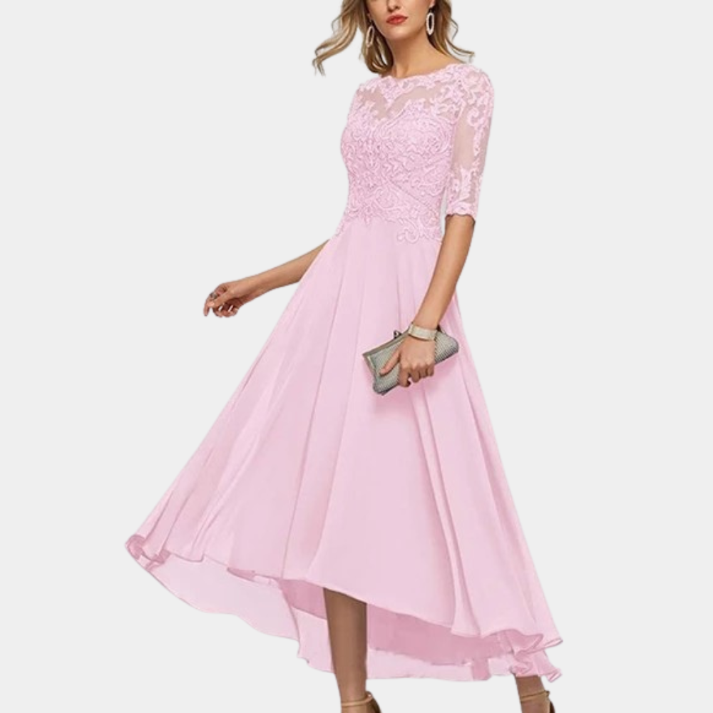 Elegant women's A-line floor-length party dress with lace bodice, bateau neckline, three-quarter sleeves