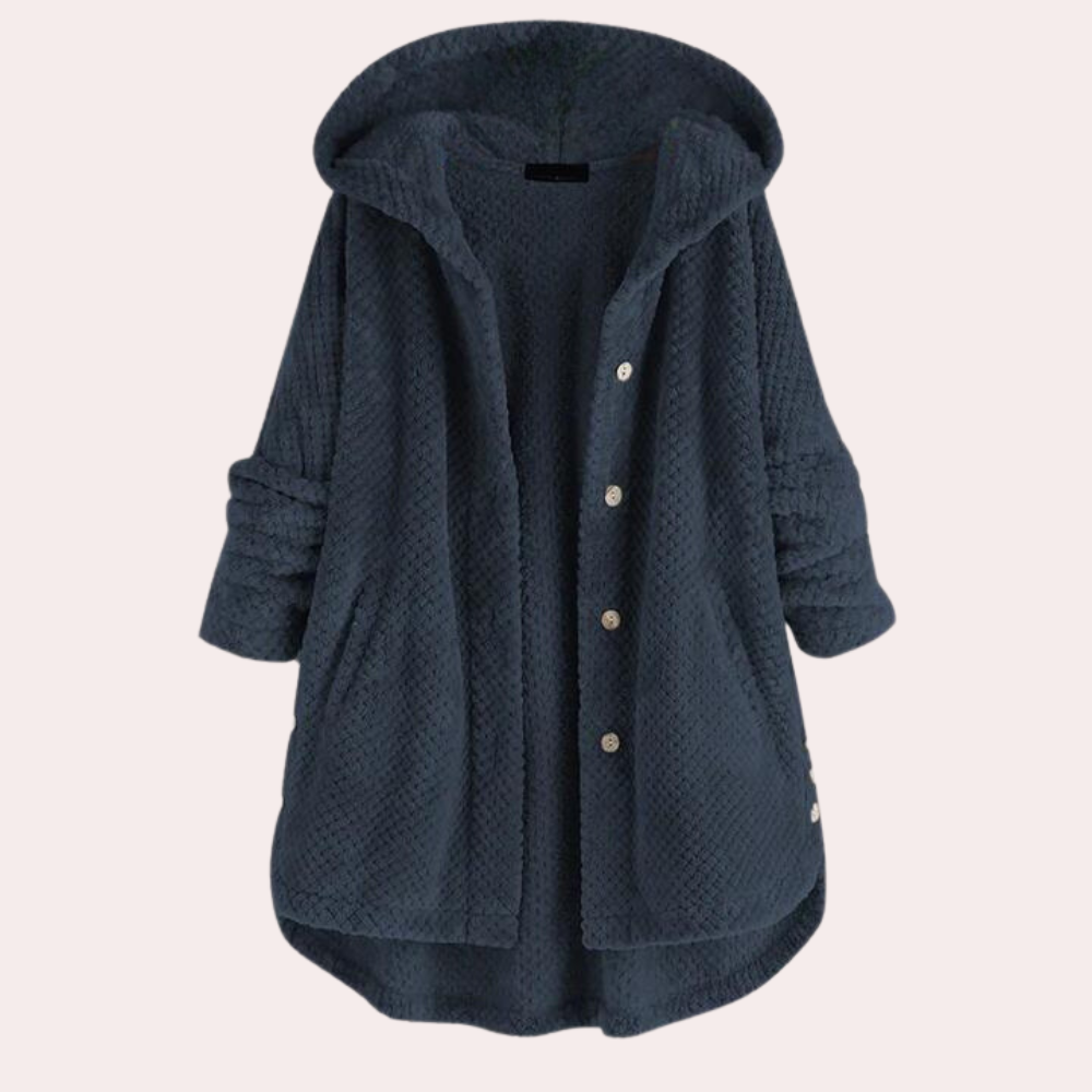Women's cozy fleece jacket relaxed fit hooded button-front closure lightweight everyday essential