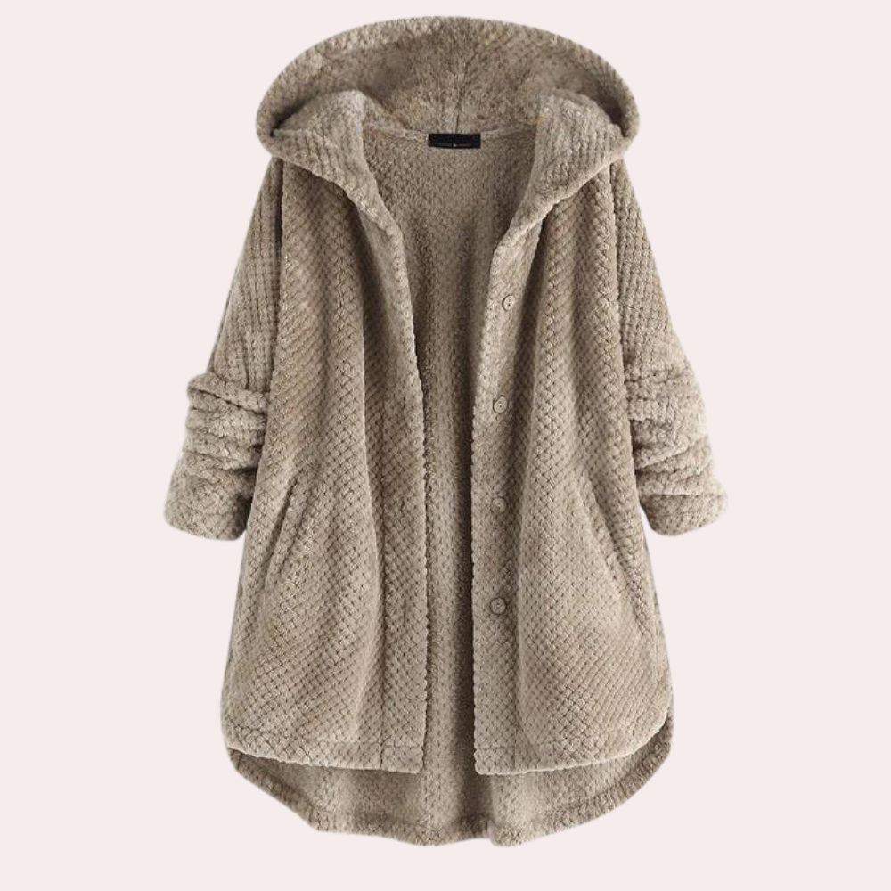 Women's cozy fleece jacket relaxed fit hooded button-front closure warm everyday essential