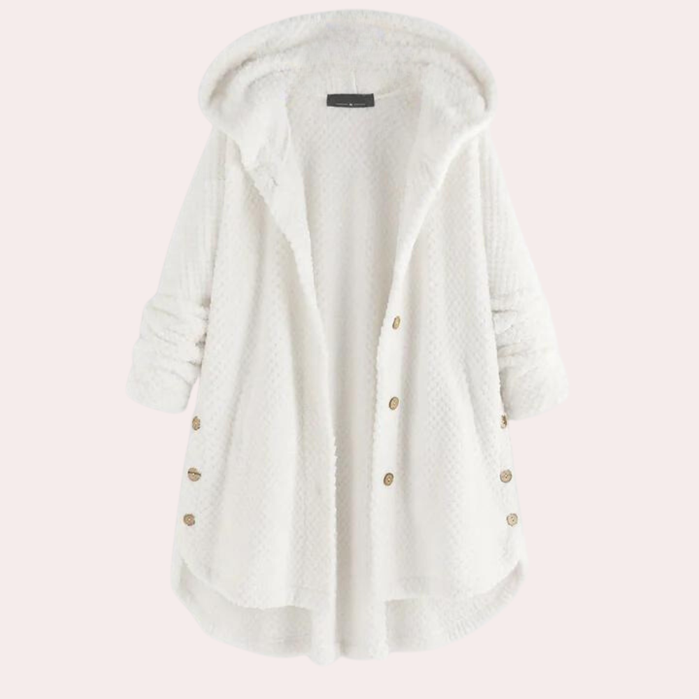Women's cozy fleece jacket relaxed fit hooded button-front closure warm everyday essential