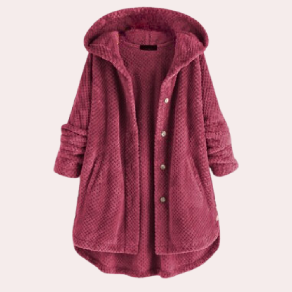 Women's cozy fleece jacket relaxed fit hooded button-front closure warm everyday essential