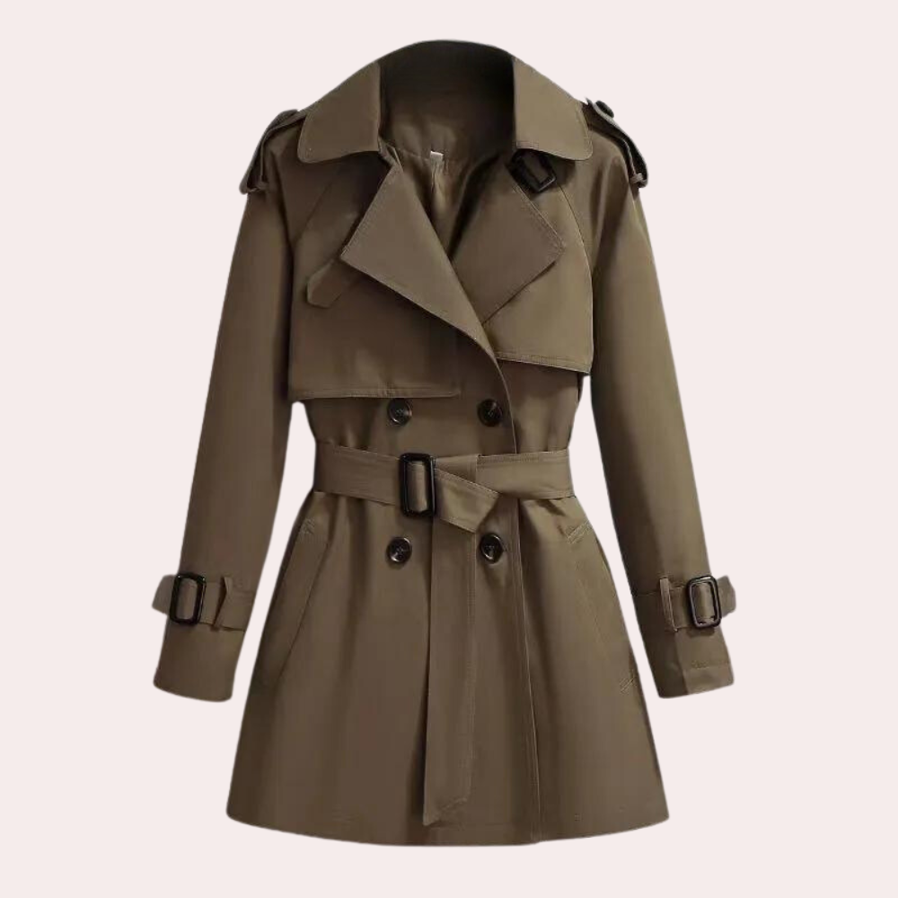 Women's slim beige windbreaker trench-inspired silhouette lightweight weather shield elegant tailored cut