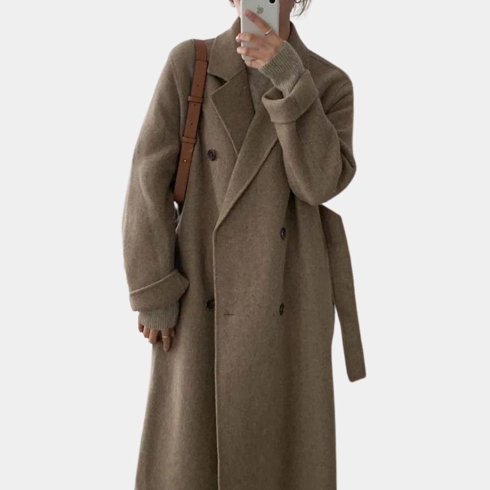 Women's wool blend double-breasted knee-length coat in timeless classic cut for fall winter