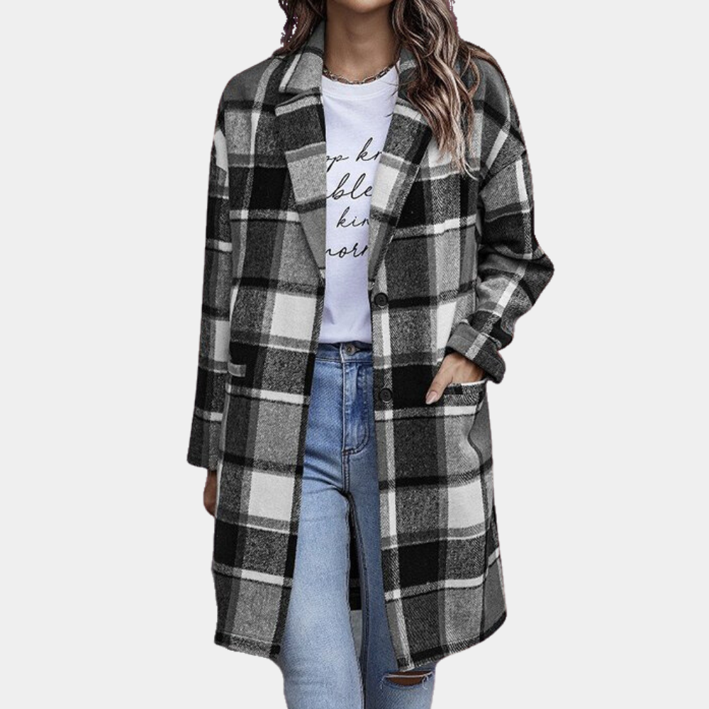Women's wool blend knee-length checkered coat in classic pattern, versatile fall winter outerwear