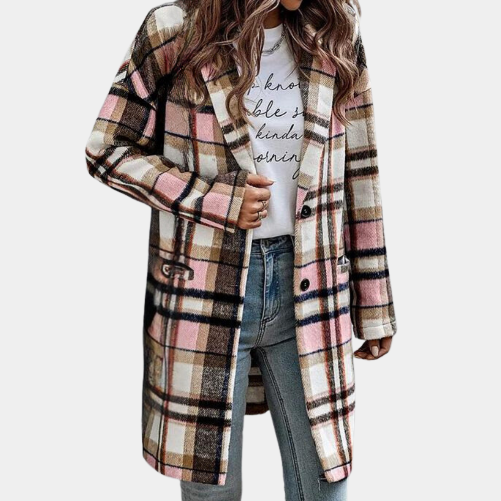 Women's wool blend knee-length coat checkered pattern timeless fall winter outerwear