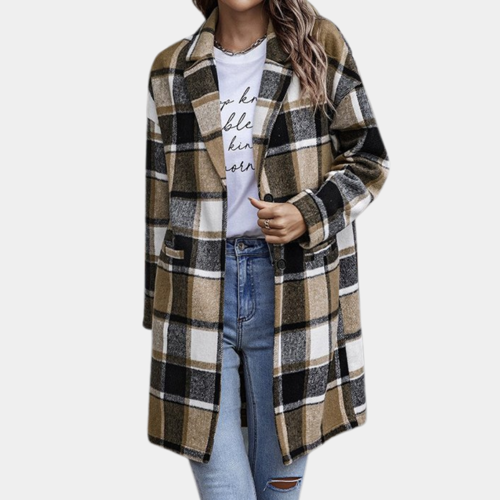 Women's wool blend knee-length checkered coat timeless warmth versatile fall winter outerwear