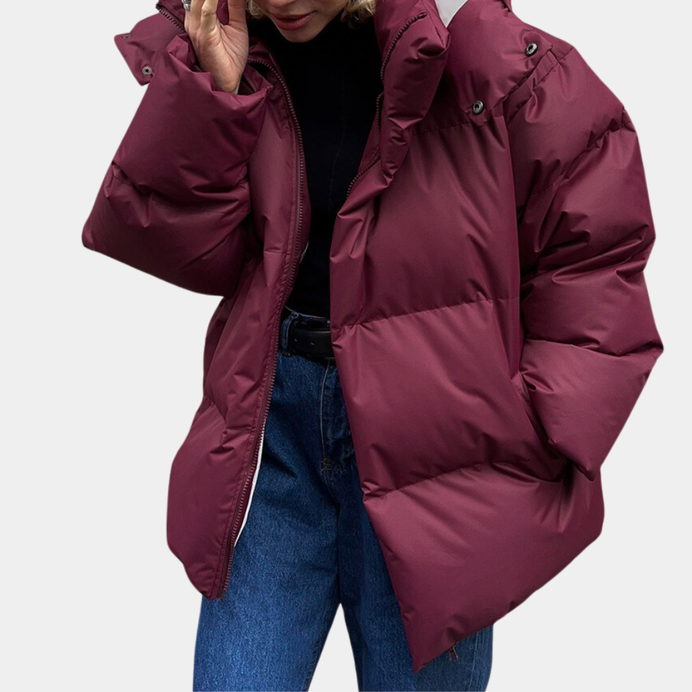 Women's oversized quilted puffer jacket hooded water-repellent winter coat in neutral tones