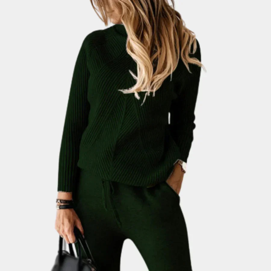 Women's soft knit two-piece set comfortable fit sustainable chic coordinated loungewear ensemble