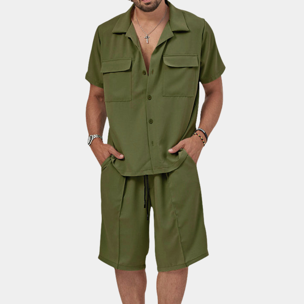 Men's matching polo and shorts set in a breathable cotton blend, relaxed summer style with coordinated look