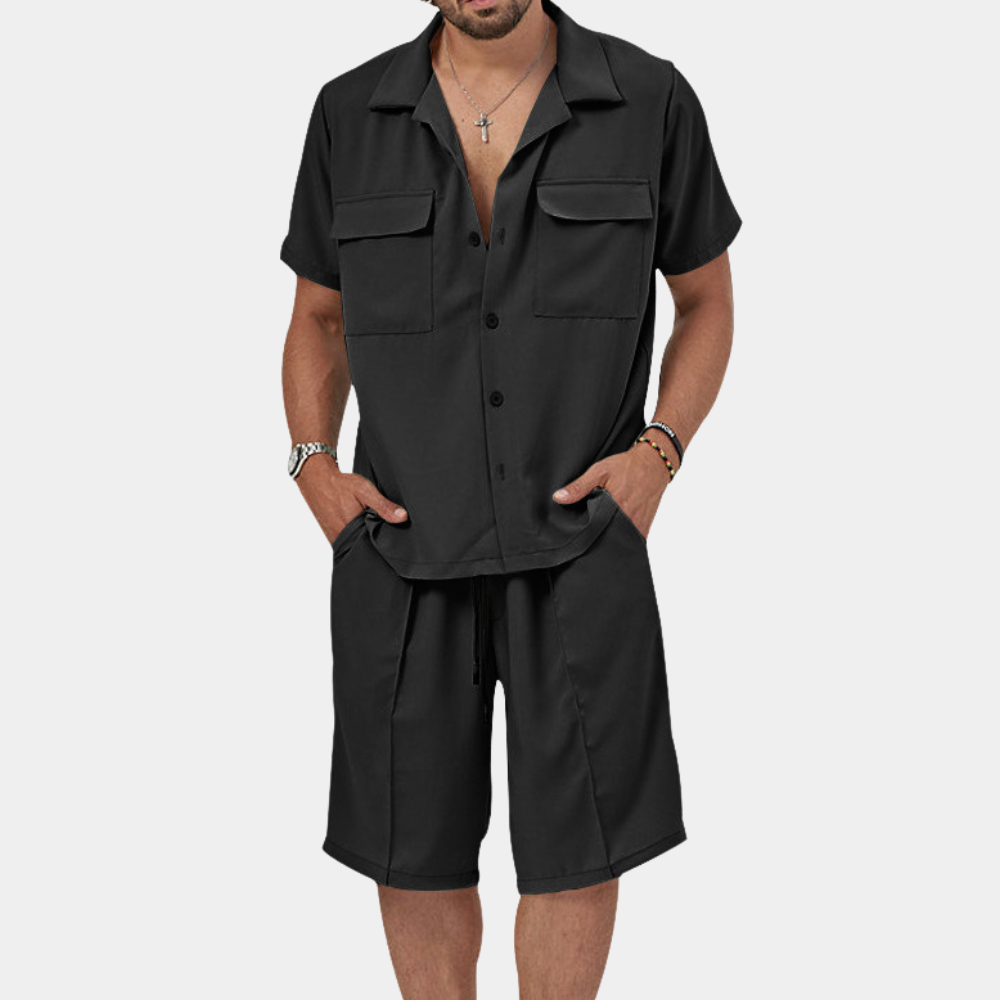 Men's navy blue polo and shorts matching set, relaxed summer fit with coordinated style