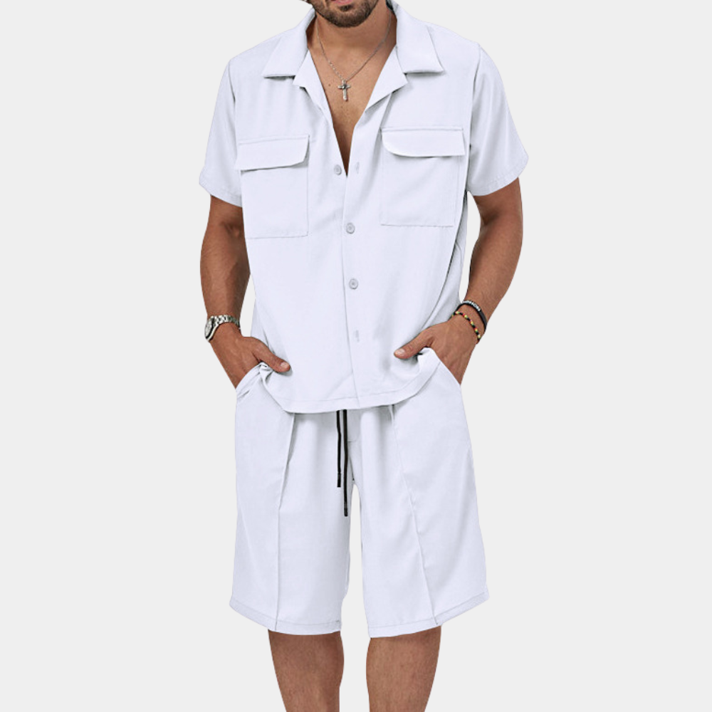 Men's navy polo and shorts matching set, relaxed summer fit with coordinated style