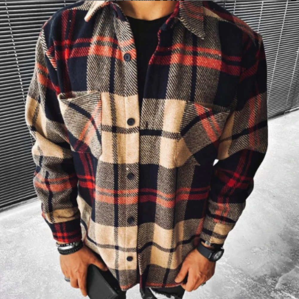 Men's red and black checked flannel shirt regular fit long sleeve button closure plaid pattern