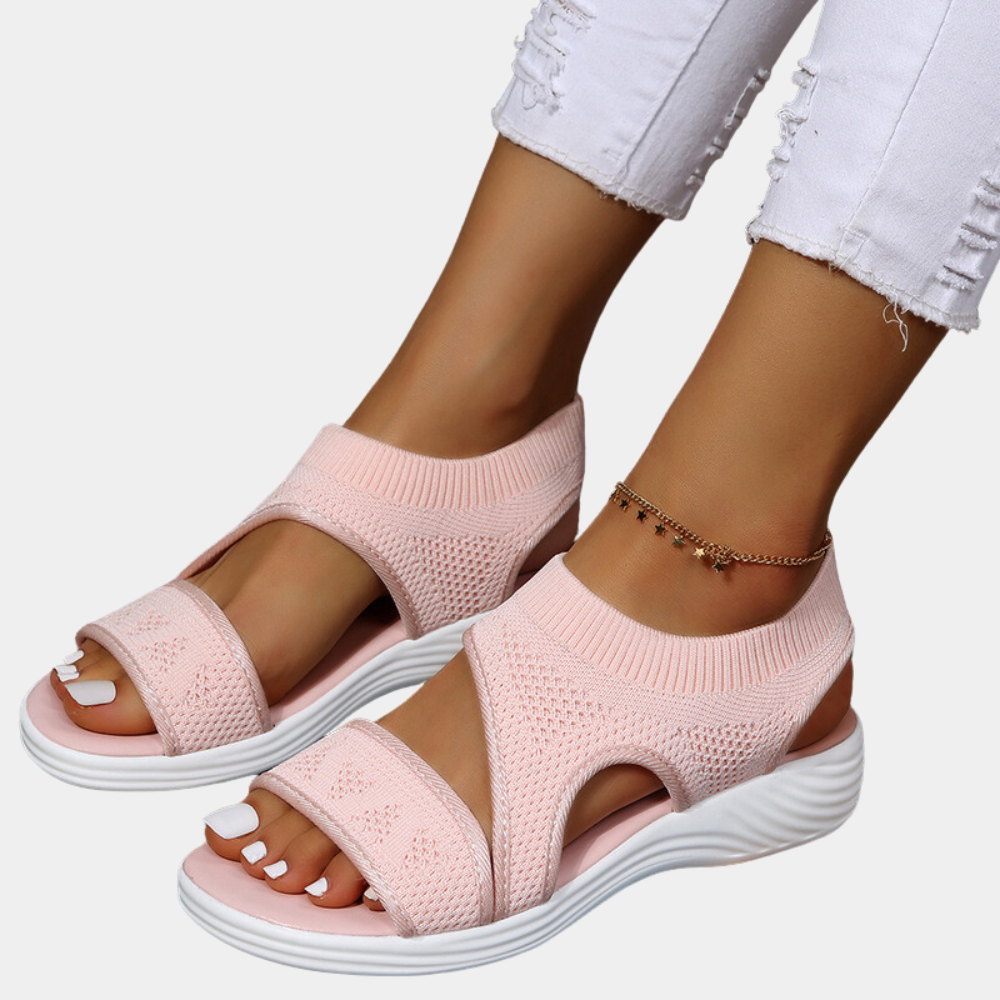 Women's slip-on open-toe knit sandals with cushioned sole in neutral breathable fabric