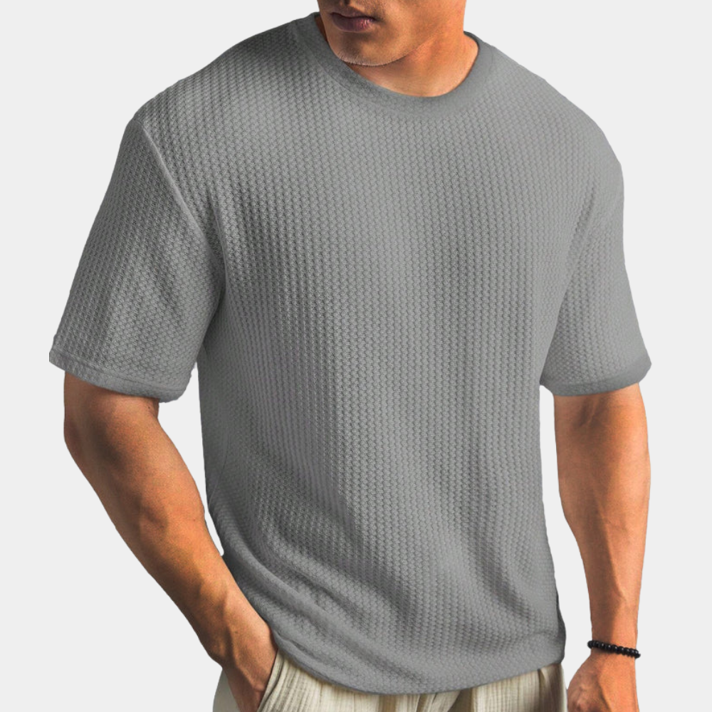 Men's soft knit relaxed fit short sleeve T-shirt minimalist design neutral tone casual style