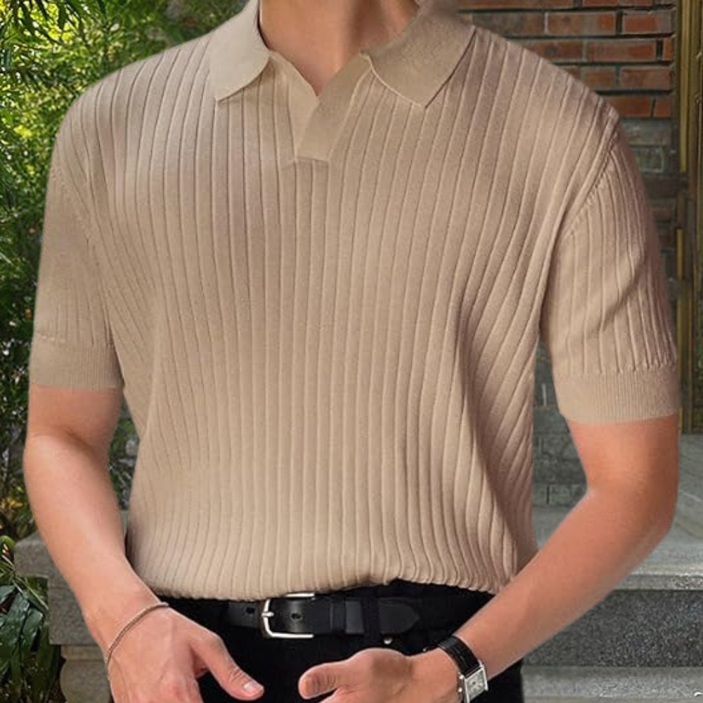 Men's slim fit ribbed polo shirt short sleeve smart casual breathable cotton knit vertical texture