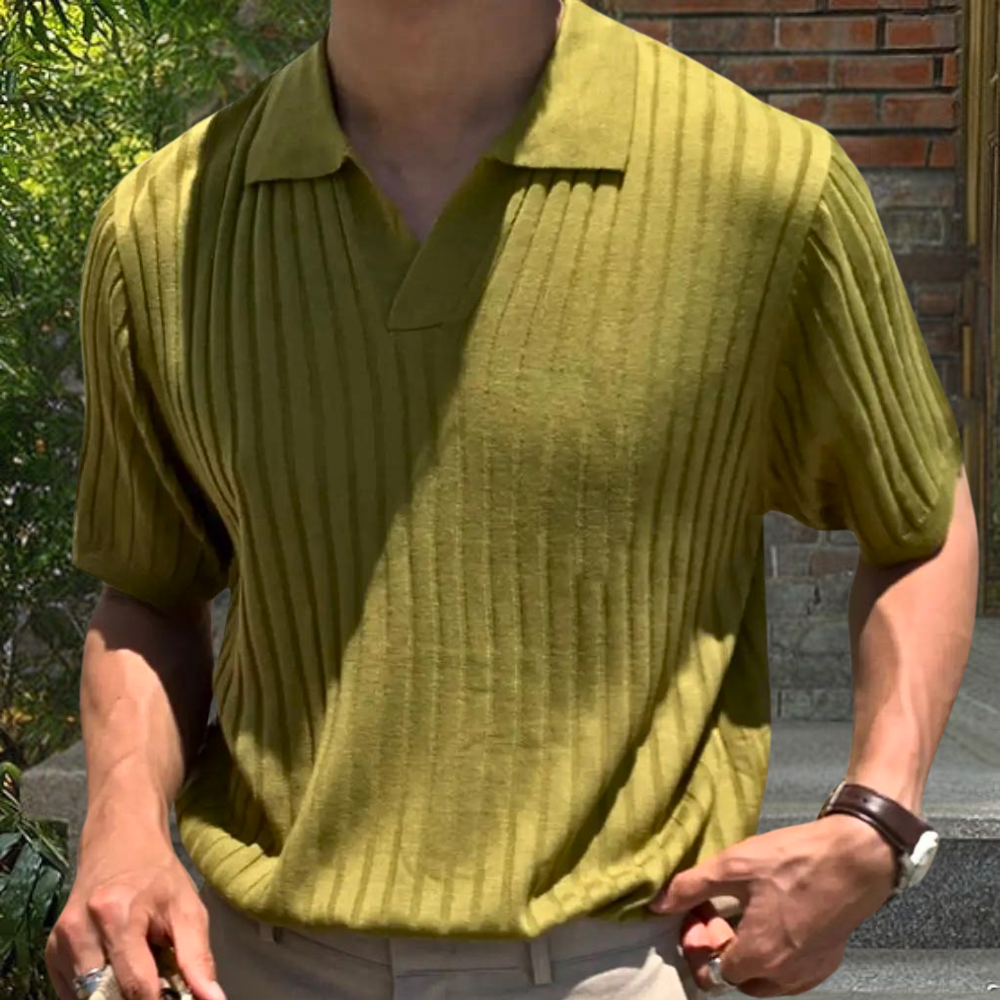 Men's slim fit ribbed polo shirt short sleeve smart casual breathable cotton knit vertical texture