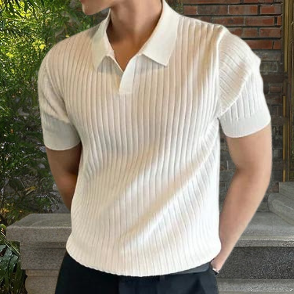 Men's slim fit ribbed polo shirt short sleeve smart casual breathable cotton knit vertical texture