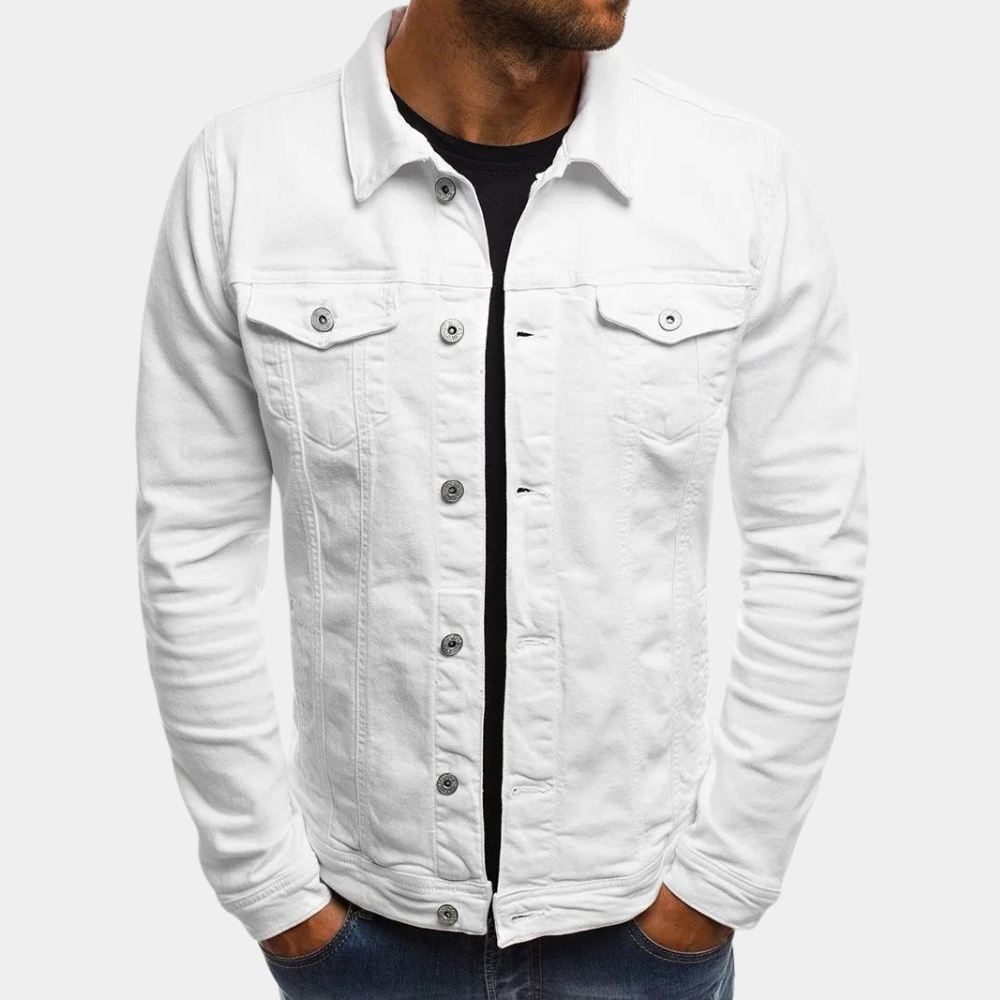 Men's classic fit blue denim jacket with button closure and chest pockets by Urbann-Vibe